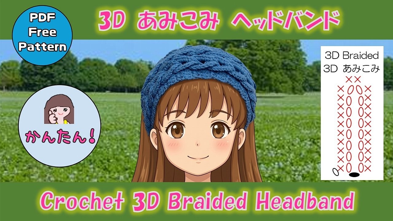 【かぎ針編み🧶編み図】3D かんたん あみこみヘッドバンド / ヘアバンド Crochet Easy 3D Braided Headband Free PDF Pattern