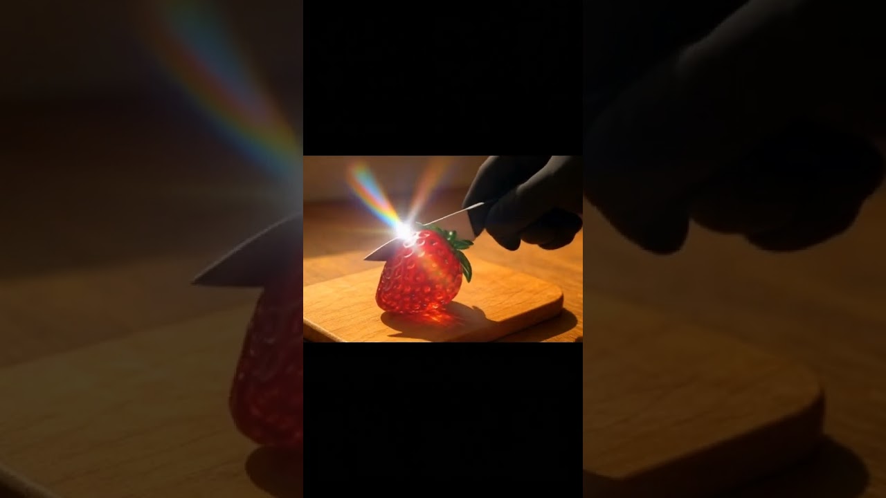 Shimmering glass strawberry sliced in half — a stunning macro masterpiece 🍓✨