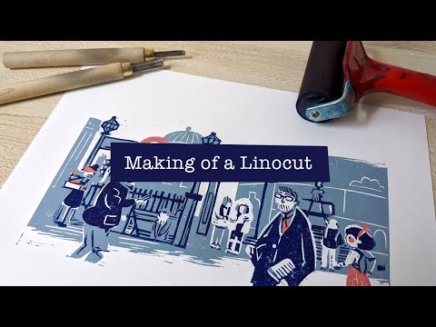 LINOCUT PRINTMAKING PROCESS: transfer, carving and printing "PICCADILLY CIRCUS"