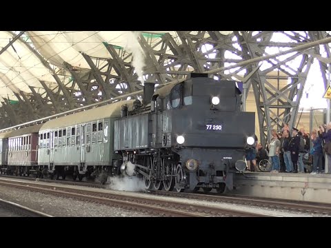 Dampflokomotive 77.250 aus Österreich der EUROVAPOR dampft am 13.4.2024 aus dem Hauptbahnhof Dresden