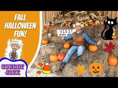 Cowboy Joe sits on hay bales with pumpkins and Halloween decor; left panel reads 'Fall Halloween Fun!' with a 'Cowboy Jack' cartoon logo.