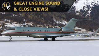 Bombardier Global 6000 engine startup on taxiway & powerful takeoff in the Swiss Alps!