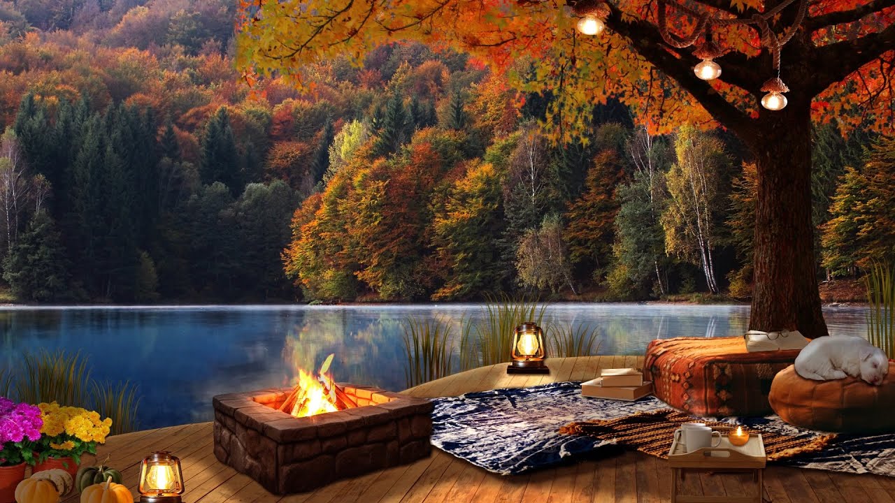 Cozy Fall Porch Ambience | Autumn Lake Ambience with Relaxing Campfire | Autumn