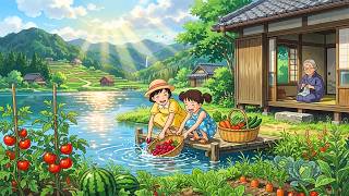 Sunlit Lakeside Garden ☀️🍓 Washing Fresh Berries & Grandma Knitting | Ghibli-Sty