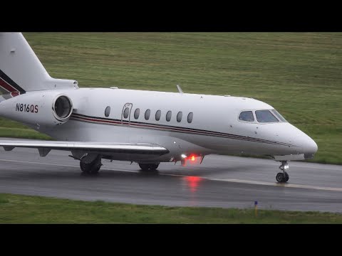NetJets Cessna Citation Longitude takes off in pouring rain! 4K Plane Spotting