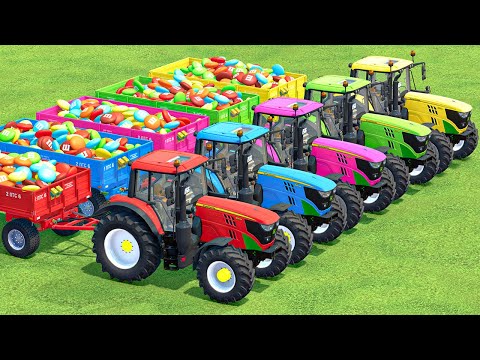 LOAD & TRANSPORT M&M'S CANDY WITH JOHN DEERE TRACTORS - Farming Simulator 22