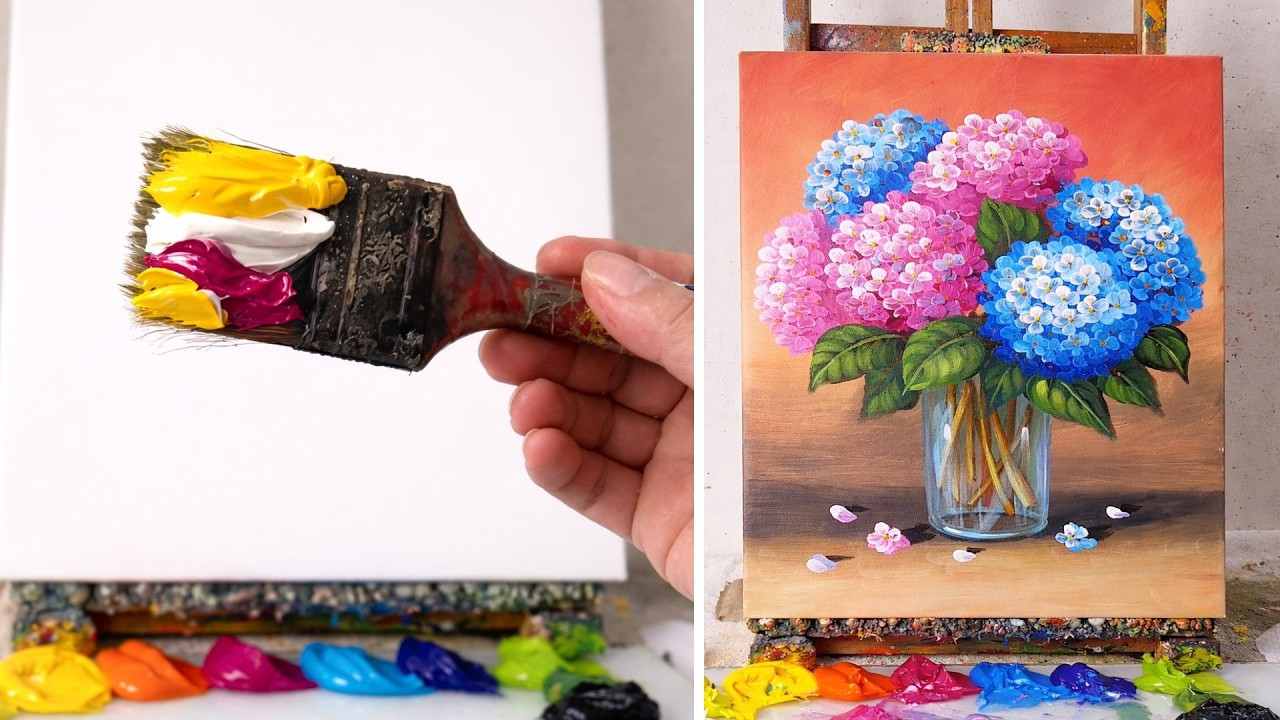 How to Paint Beautiful Hydrangeas in a Vase | Easy Acrylic Flower Painting Tutorial #221