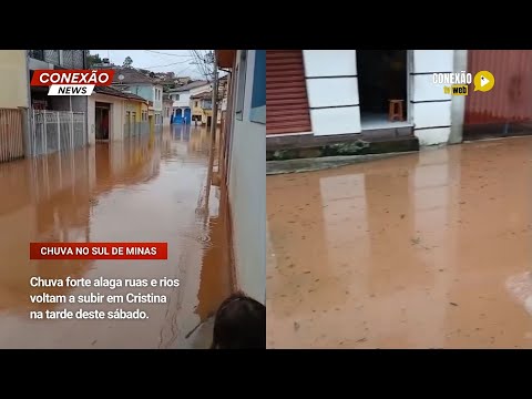 Vídeo: Chuva forte alaga ruas e rios voltam a subir em Cristina na tarde deste sábado.
