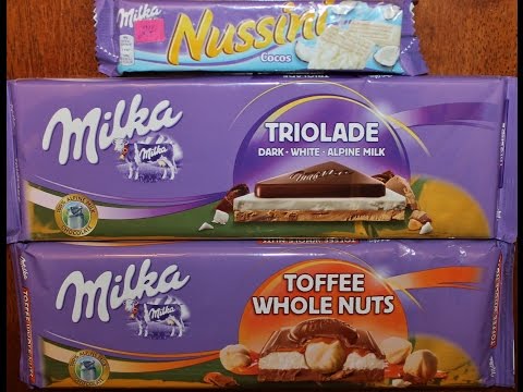Milka: Nussini Cocos (Coconut), Triolade (Dark, White, Alpine Milk), Toffee Whole Nuts