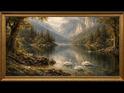 2 Hours Swan Lake Mountain Painting Screensaver | Classical Oil Painting | Gold Framed for TV 4K