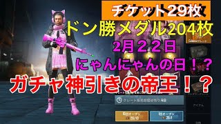 【PUBG MOBILE】ガチャ神引きの帝王！？　チケット29枚 ドン勝メダル204枚 ２月２２日　にゃんにゃんの日？