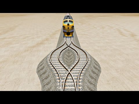 Impossible Weird Wide Rail Wave Tracks Vs Trains Crossing Giant Pit - BeamNG.Drive