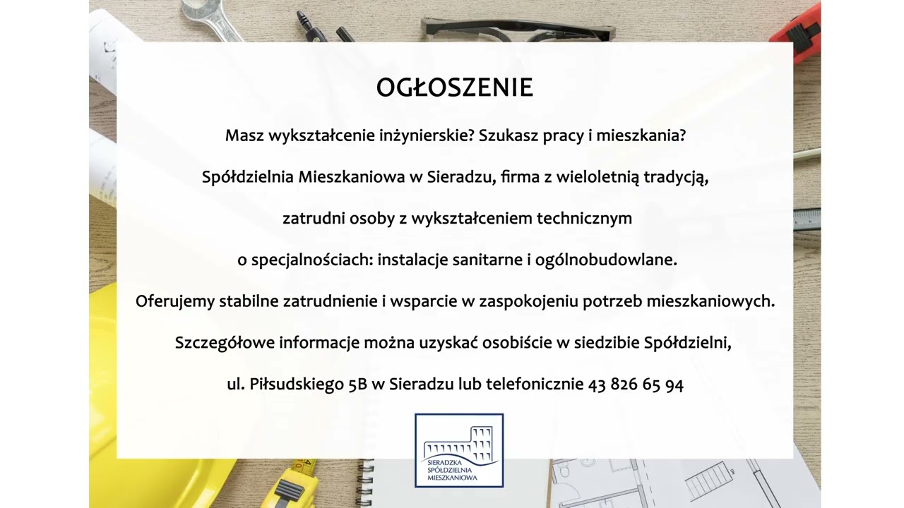 Ogłoszenie Sieradzkiej Spółdzielni Mieszkaniowej