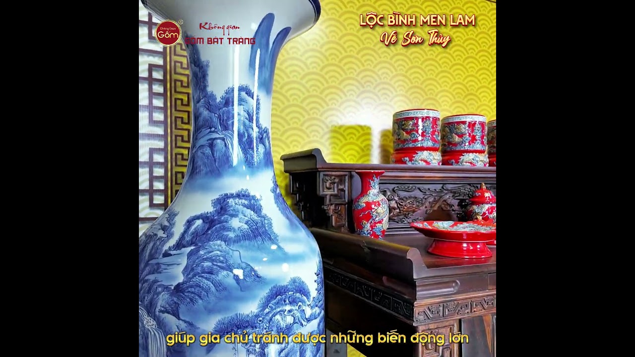 Lộc Bình 1M6 Men Lam Vẽ Sơn Thủy