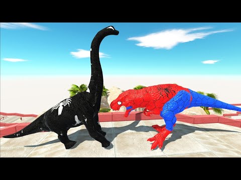 VENOM BRACHIOSAURUS VS SPIDERMAN T-REX MOUNTAIN DEATH RUN - Animal Revolt Battle Simulator