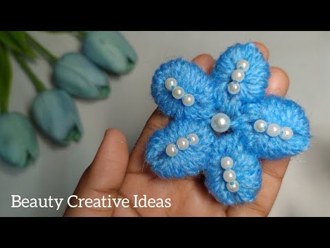 Amazing Woolen Flower Making using Fork ❄️ 🩵 | Hand Embroidery ❄️ | ऊन का फूल बनाये 🩵