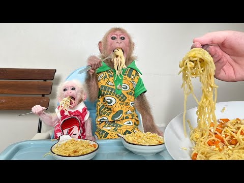 Bibi and the monkey baby enjoy delicious noodles cooked by Mom!