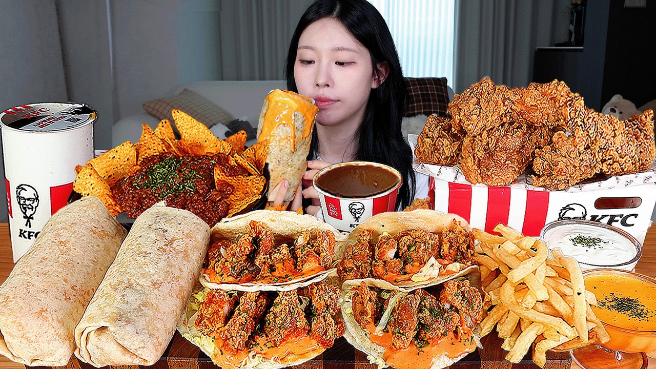 ASMR MUKBANG| KFC 후라이드 치킨 부리또 타코 먹방 & 레시피 FRIED CHICKEN AND CHEESE BURGER EATING