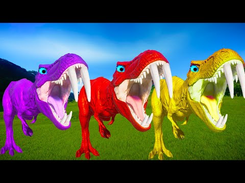 Rexy Color Pack vs  Spinosaurus, I-Rex, Allosaurus - Jurassic World Evolution Dinosaurs Fighting