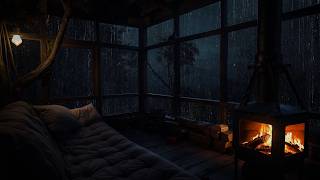 Warm Fireplace and Rain Sounds in a Rustic Cabin | A Cozy Ambience for Sleep and Comfort