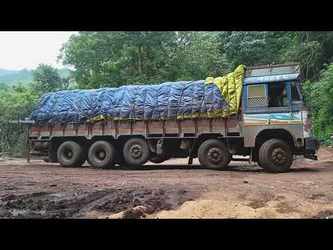 Ghat Road : Cars Crossing Heavy Loaded Truck 12 Tyres Lorry Driving Stopped on Ghat Roads U Turning