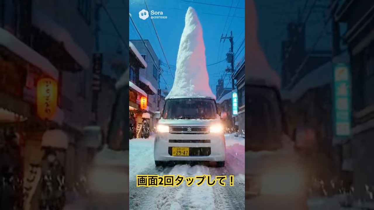 雪道の街中で軽自動車が雪山盛り走行 #ai