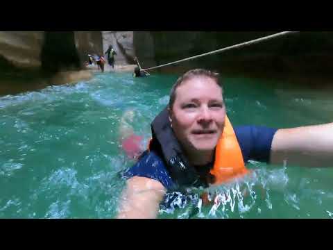 Wadi Mujib, Jordan hiking and obstacle course to waterfall.