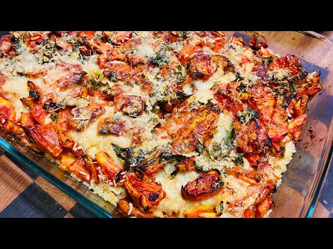 Riso al forno da crudo ￼con pomodori e formaggio.