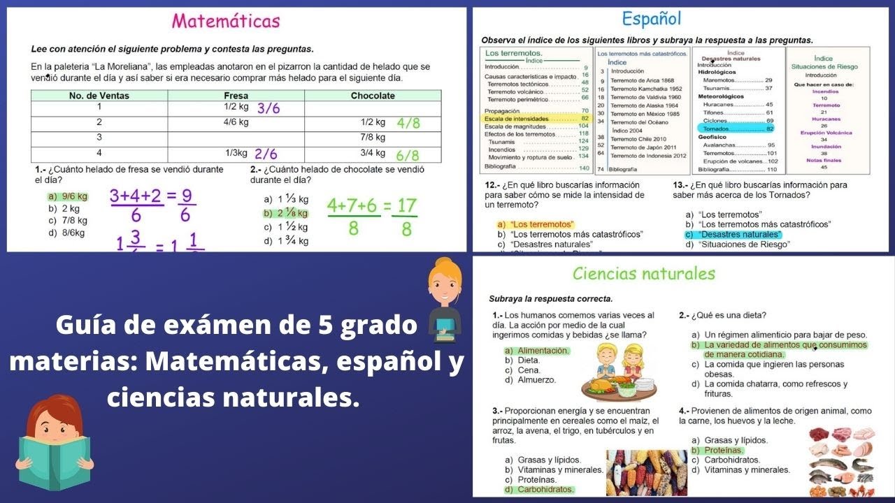 Guía de examen de 5 Grado de las materias:Matemáticas,español y ciencias naturales.