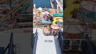 MSC #WorldAmerica #Cruise engine exhaust pipes slide pool top drone view July19 2025 #portofmiami