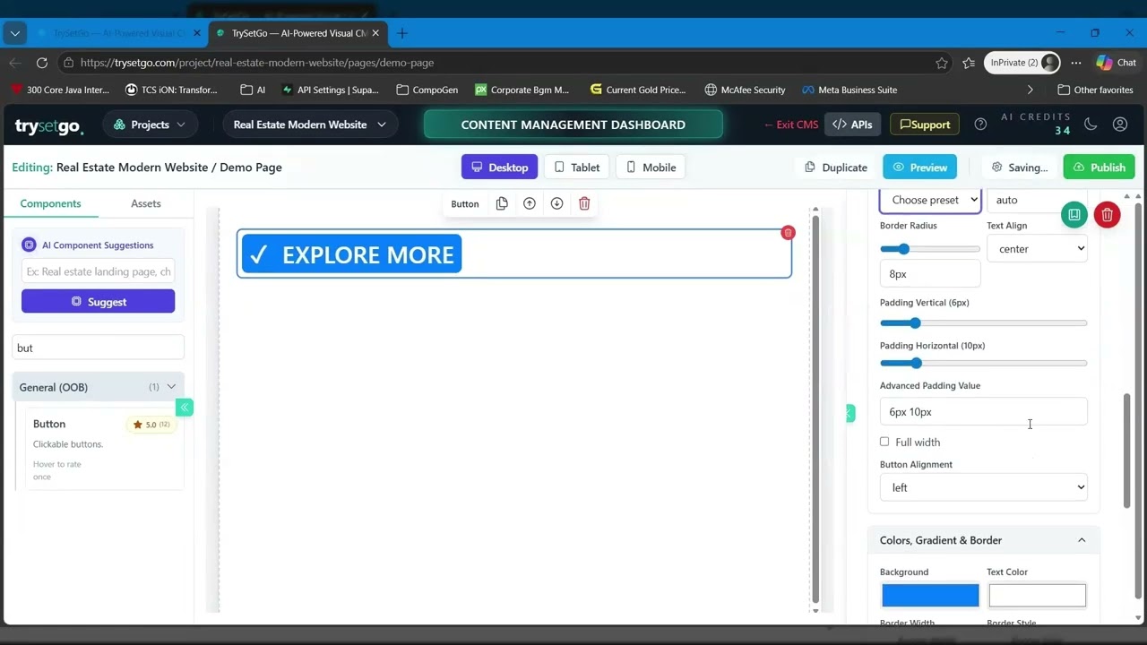 Trysetgo Page Authoring: Button Component | TrySetGo Button Component