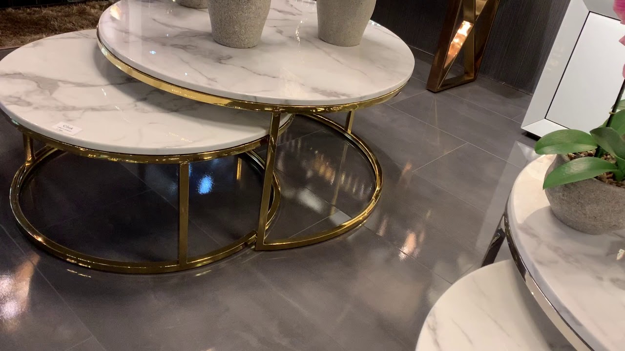 Salontafel Doblo rond wit marmer/goud en zilver (set van twee)