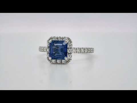 Cushion-Cut Sapphire and Diamond Halo Ring in 18K White Gold