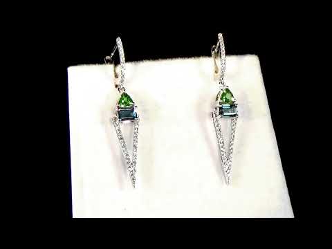 14k White Gold Blue Topaz, Green Garnet and Diamond Earrings