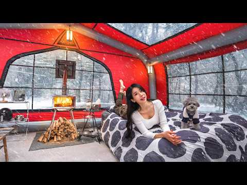 ❄️SNOW CAMPING INSIDE A HUGE CAPSULE INFLATABLE TENT