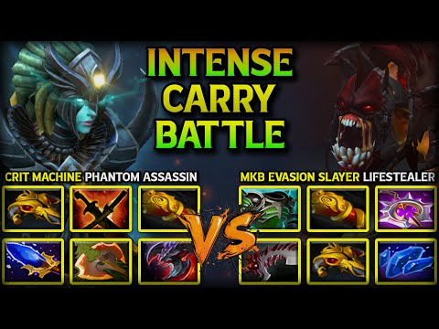 INTENSE CARRY BATTLE | CRIT MACHINE PHANTOM ASSASSIN VS. MKB EVASION SLAYER LIFESTEALER 7.39d DotA 2