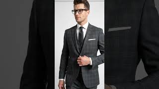Men’s Charcoal Grey Windowpane Plaid 3-Piece Suit – Two-Button Jacket with Matching Vest and Pants video