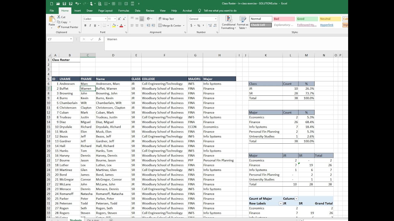 Class Roster Exercise - Summarizing student data using COUNTIF