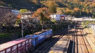 preview picture of video 'EH200-10+コンテナ貨物列車が出発 (秋の中央線,山梨県) Freight train & Autumn leaves'