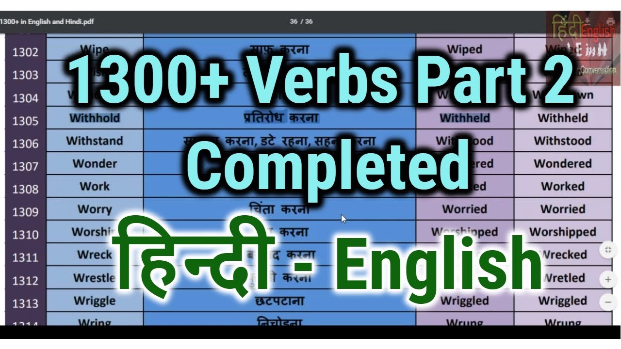 1300 + Verbs | Verbs List in English Grammar in Hindi Part -2