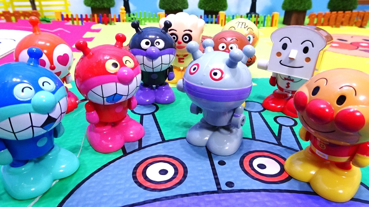 アンパンマンのぴょこぴょこ跳ねるおもちゃで遊ぶよ♪だだんだん、バイキントリオのアカキンマン、アオキンマン、どこまで進めるかな？