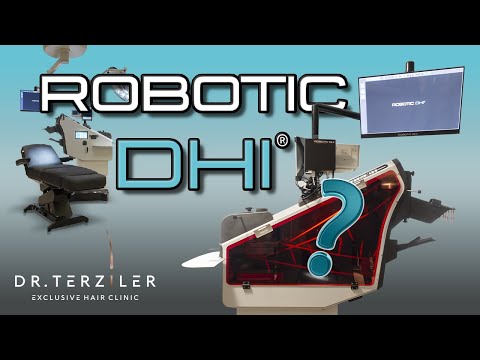 Robotic DHI demonstration video thumbnail showing the treatment chair, implantation device and monitor.