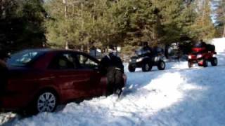 preview picture of video 'Mazda 6 + 3 Honda ATVs 4x4 Winter skid  Snow Driving in forest'