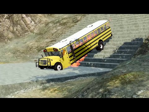School Bus Crash Test – USA School Bus Stairs Jumps Down in BeamNG Drive Physics Gameplay