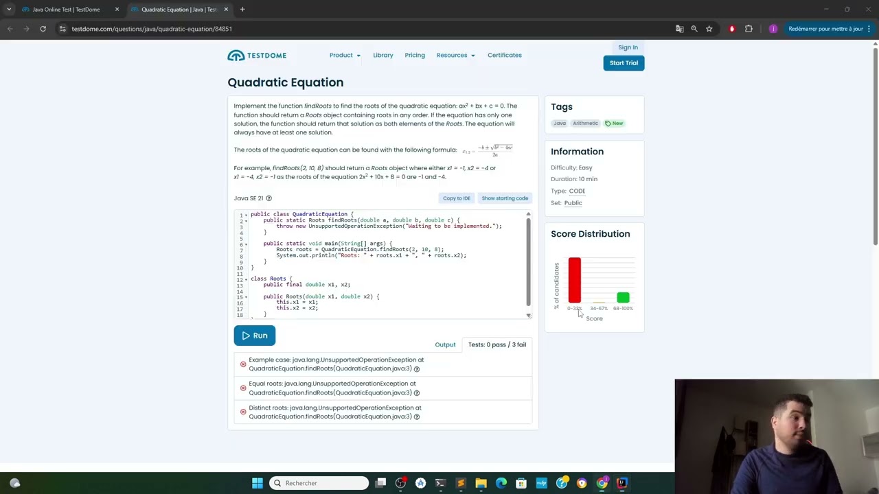 TestDome Java Solution: Quadratic Equation Solver - Interview Coding Tutorial