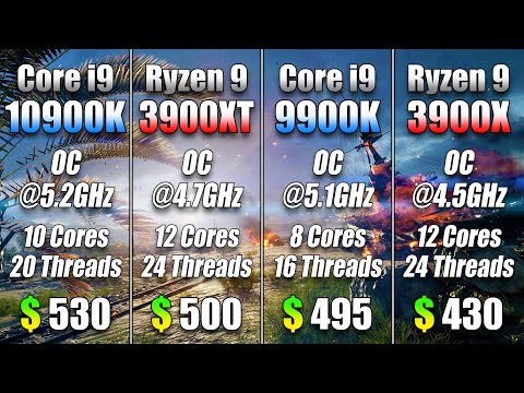 Core i9 10900K @5.2GHz vs Ryzen 9 3900XT @4.7GHz vs Core i9 9900K @5.1GHZ vs Ryzen 9 3900X @4.5GHz