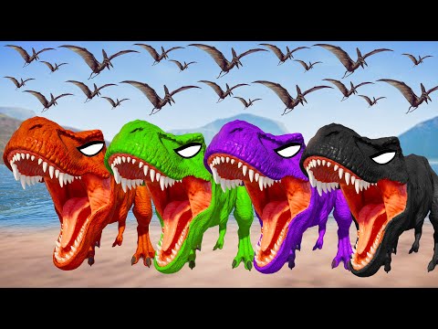 T-REX Color Team vs Tyrannotitan, I-Rex, Spinosaurus - Jurassic World Evolution Dinosaurs Fighting