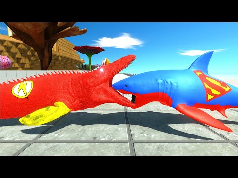 FLASH MOSASAURUS vs SUPERMAN MEGALODON DEADLY TOUR - Animal Revolt Battle Simulator