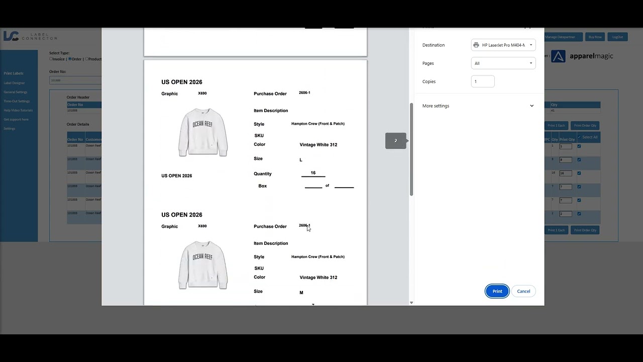 Apparel Magic Label Print using Orders