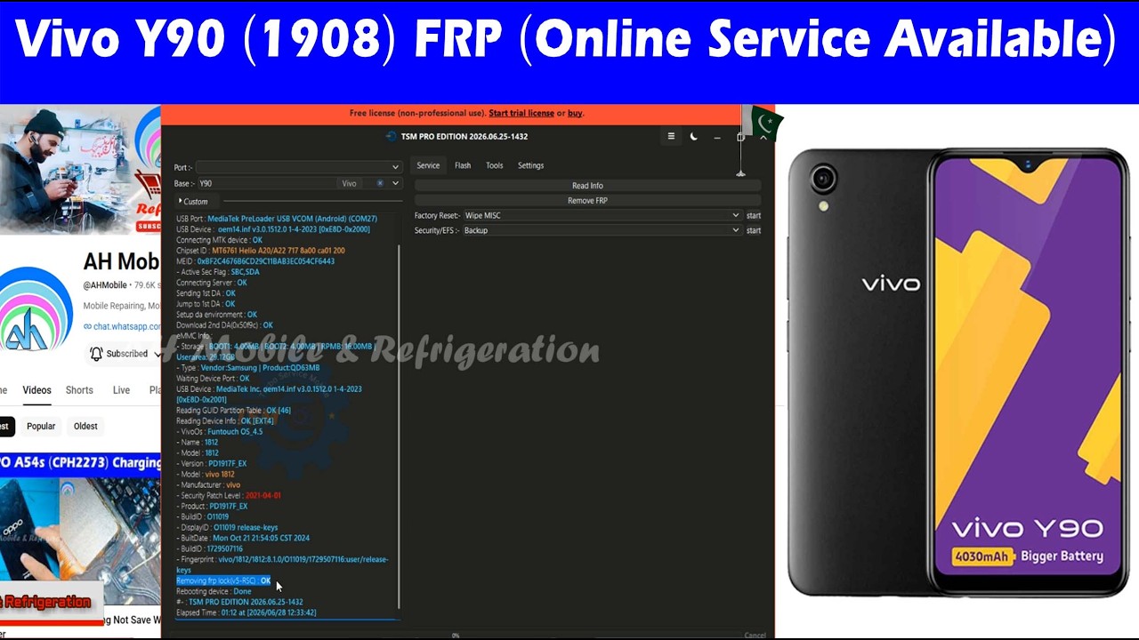 Vivo Y90 (1908-1812) PD1917F FRP Bypass Online Service Available